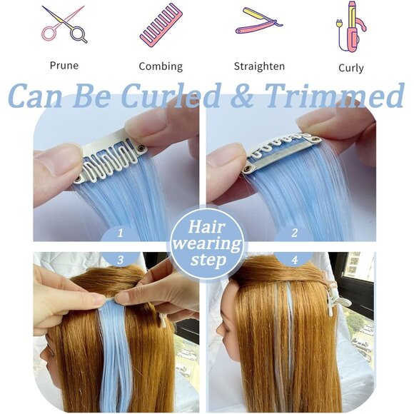 Colored Hair Extensions Synthetic 21 Inch Multi-colored Clip In Party Jewelry - Picture 6 of 8